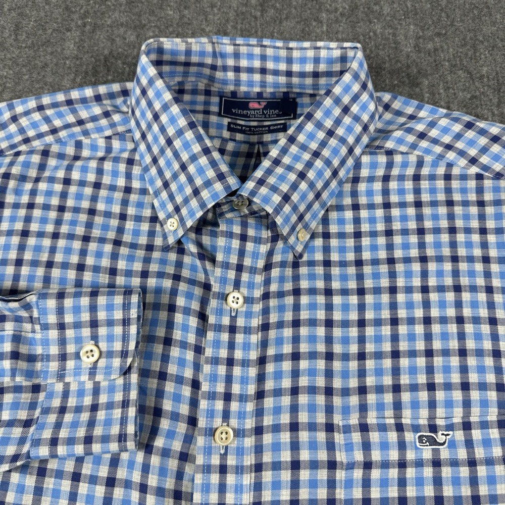 Vineyard Vines Men's XL Slim Fit Tucker Shirt Blue Plaid Check 100% Cotton